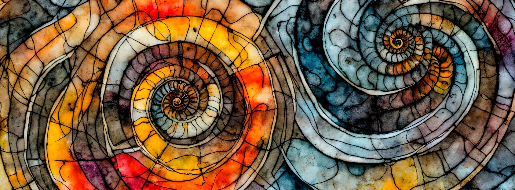 Et abstrakt bilde med varme og kalde farger inspirert av amonitter